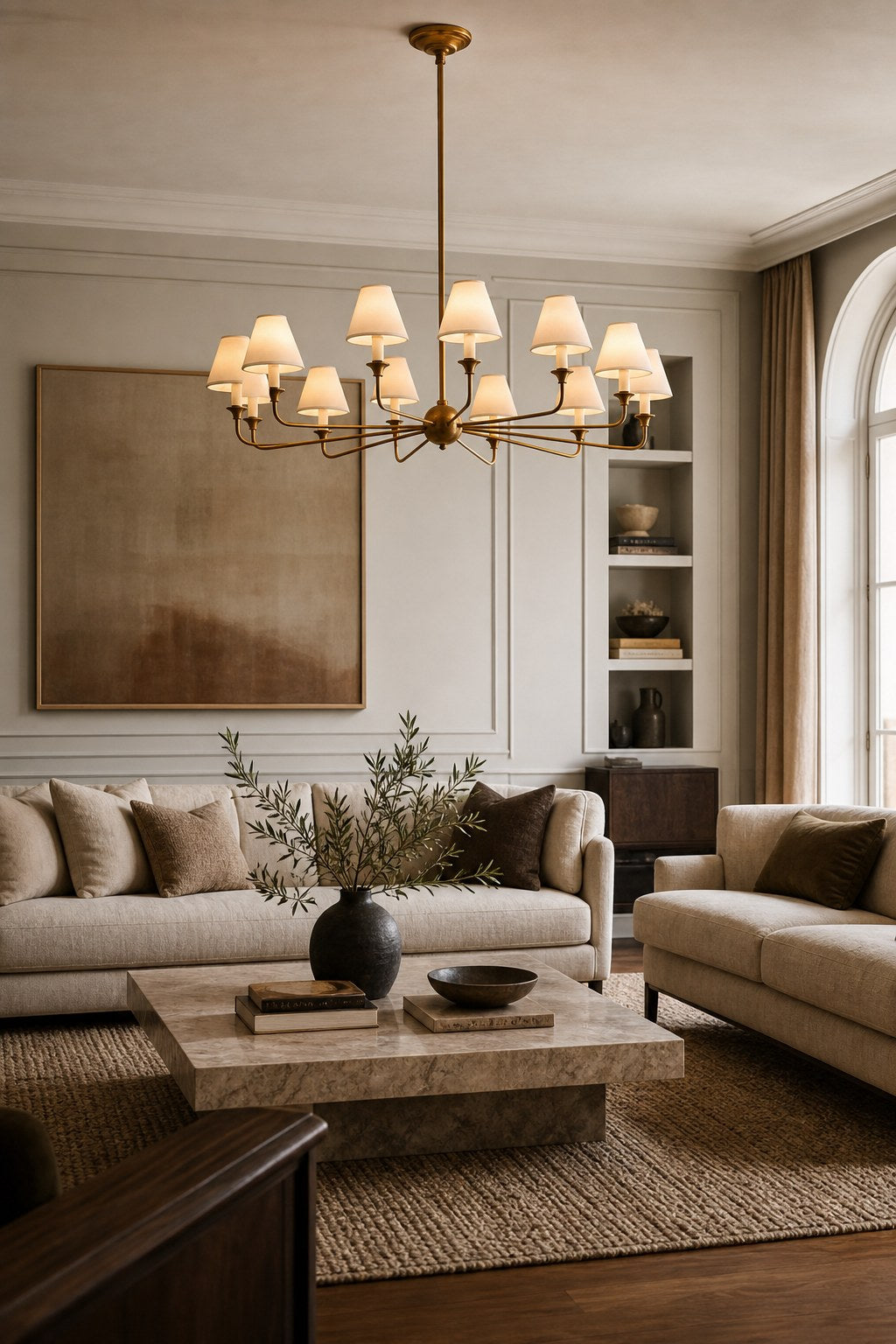 Tiered Brass and Fabric Linear Chandelier installed in a living room, view 4