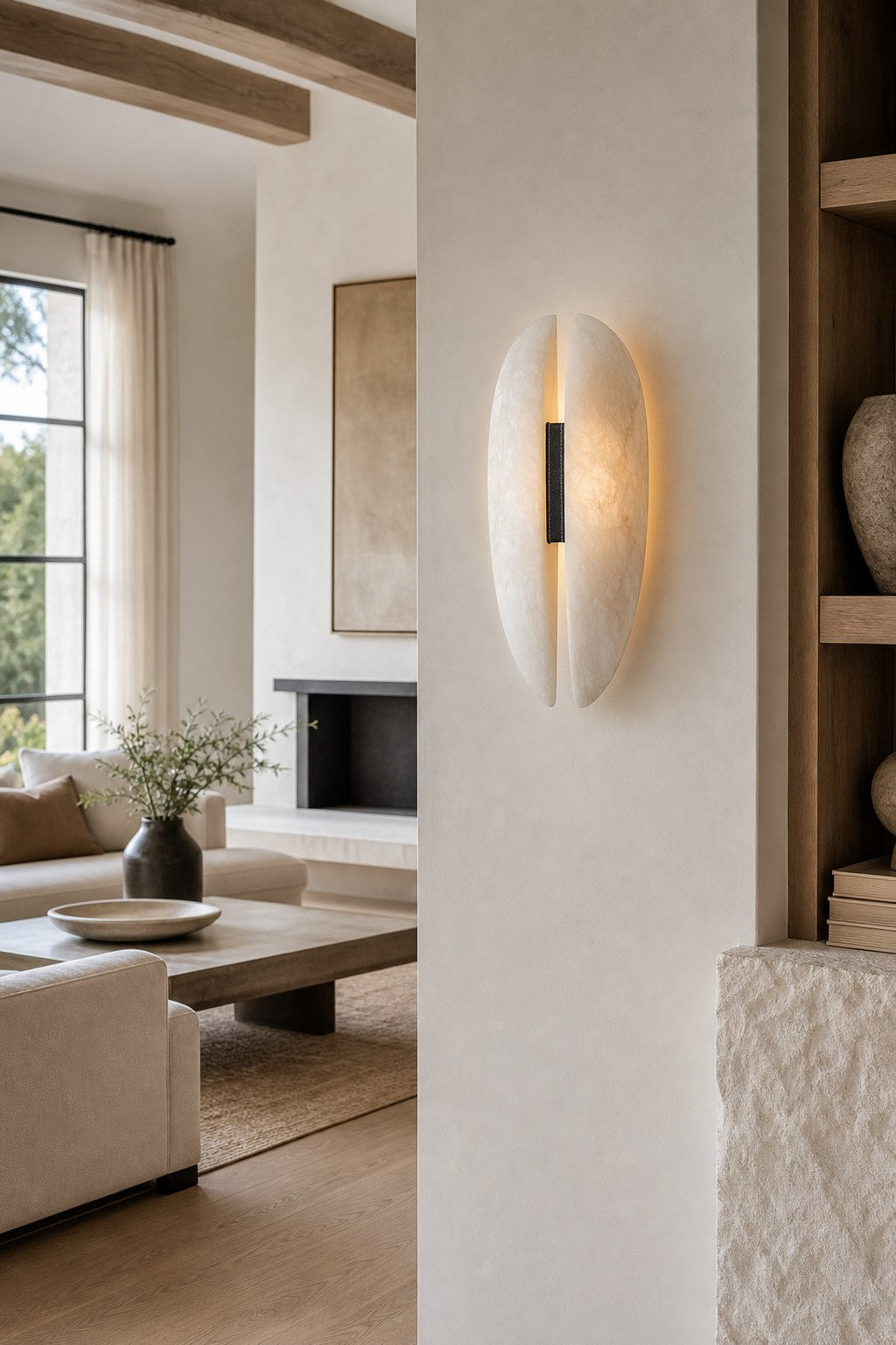 Spanish Snowflake Alabaster and Black Leather Wall Sconce - 04 04-living-room-feature-wall-wide-daylight