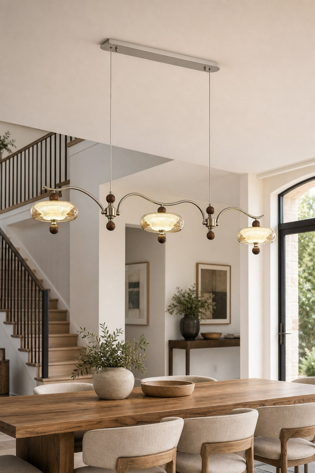Sand Nickel Wood-Grain Glass Linear LED Chandelier - 04 09-cluster-installation-wide-daylight