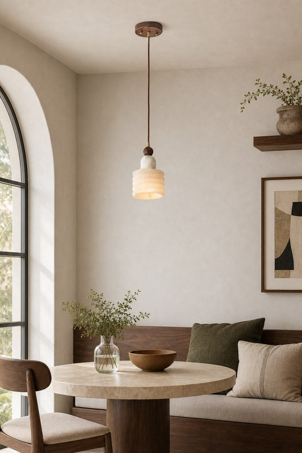 Spanish Marble and Walnut Single Pendant Light - 04 07-cafe-style-dining-daylight