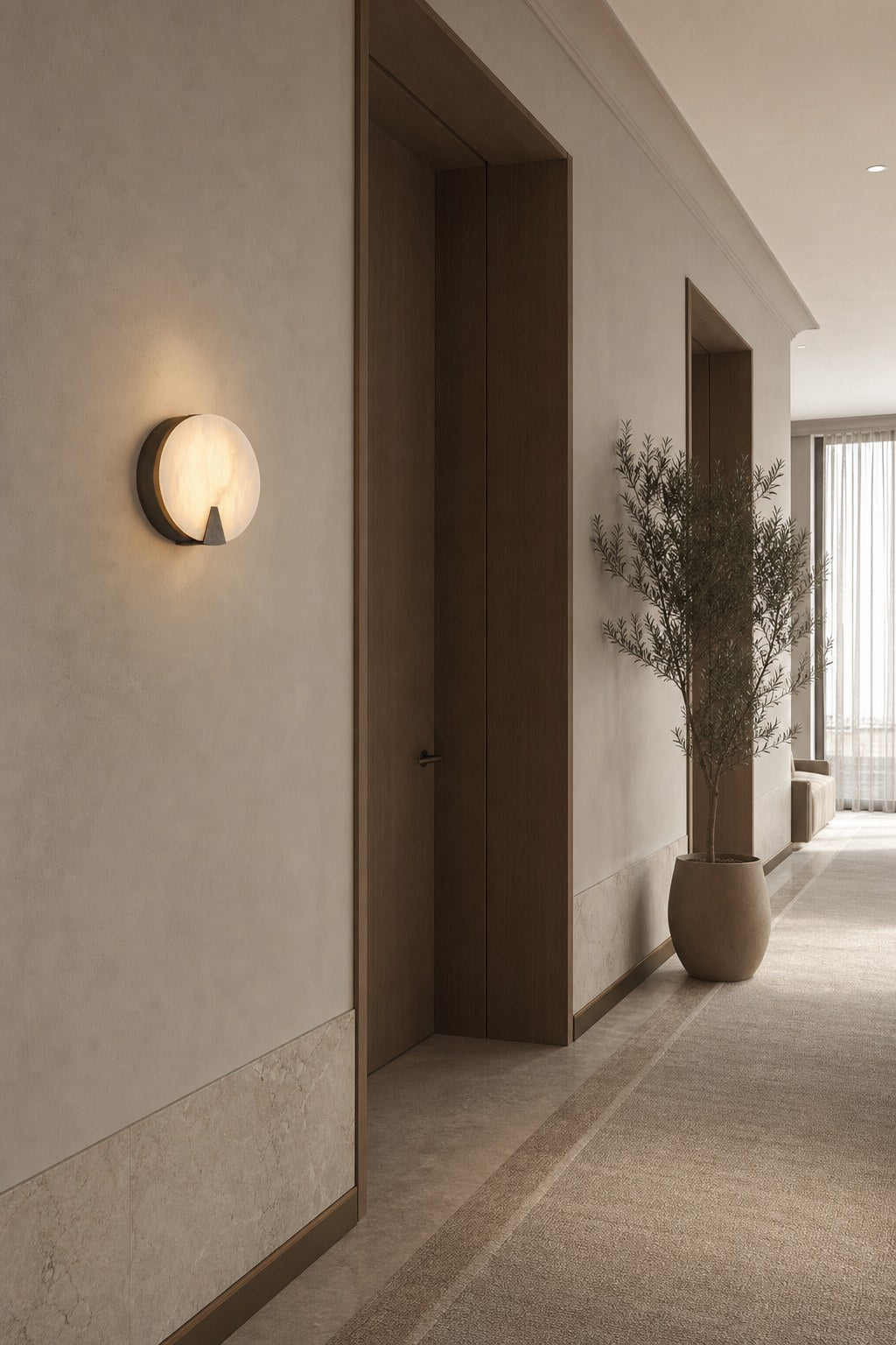 Spanish Snowflake Alabaster Round Wall Sconce - 04 08-hotel-corridor-wide-daylight