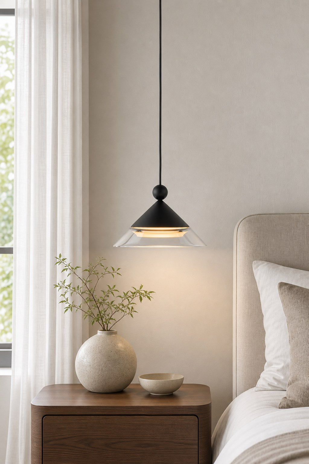 Geometric Black Aluminum and Clear Glass Pendant Light - 04 04-bedroom-bedside-daylight