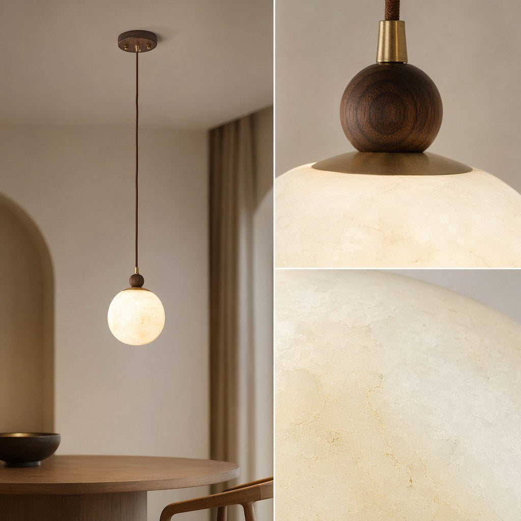 Alabaster Globe Walnut Pendant Light - 05 07-material-close-up
