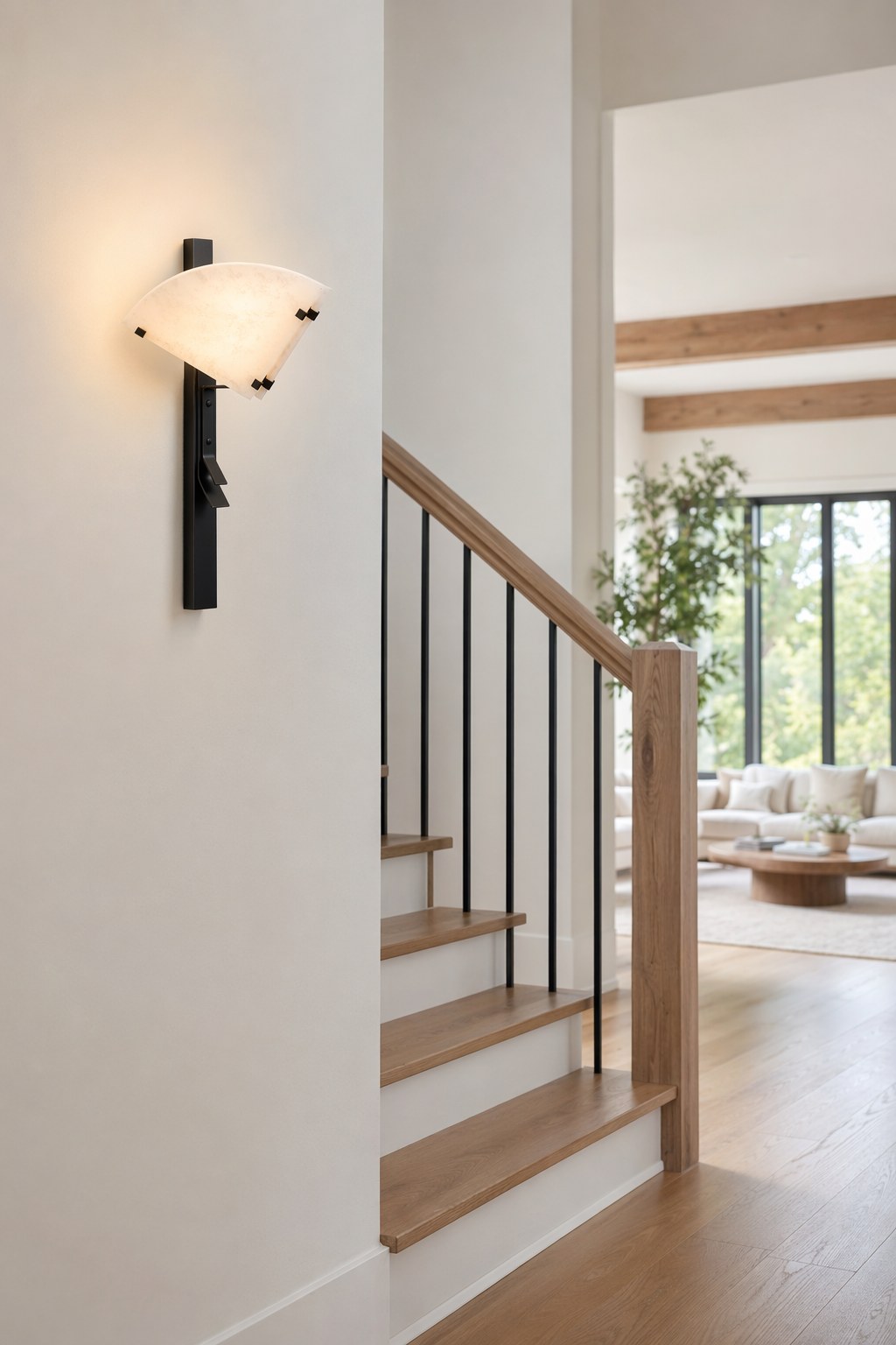 Spanish Snowflake Alabaster and Black Metal Wall Sconce - 05 07-staircase-wall-wide-daylight