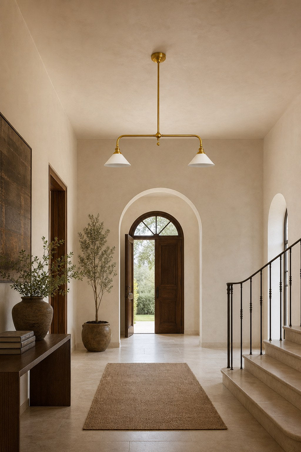 Brass and Ceramic Linear Chandelier installed in an entry or hallway, view 5