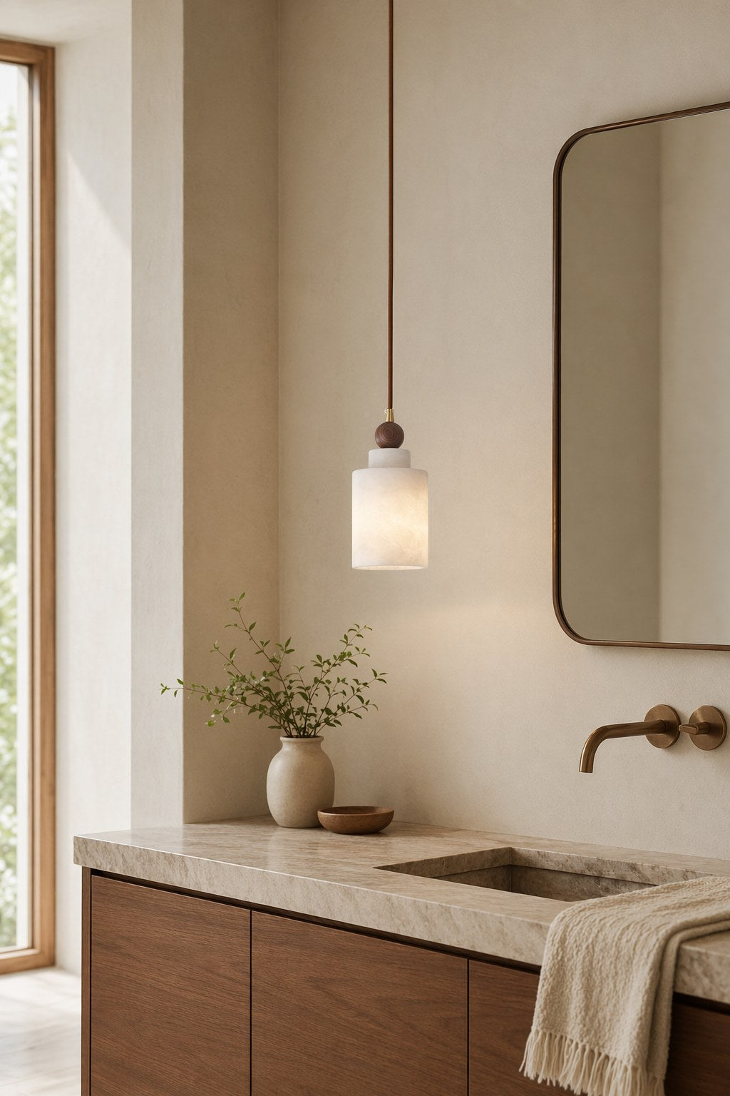 Spanish Marble and Walnut Cylinder Pendant Light - 05 08-dry-vanity-daylight