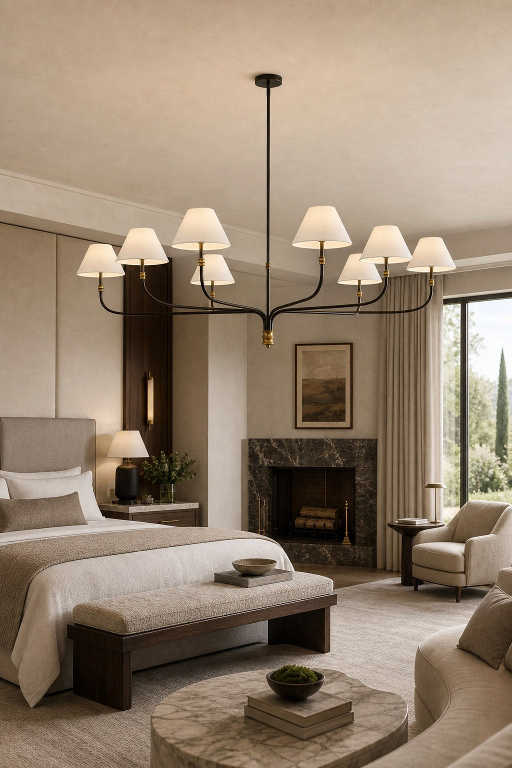 Brass and Black Linear Chandelier installed in a bedroom, view 5