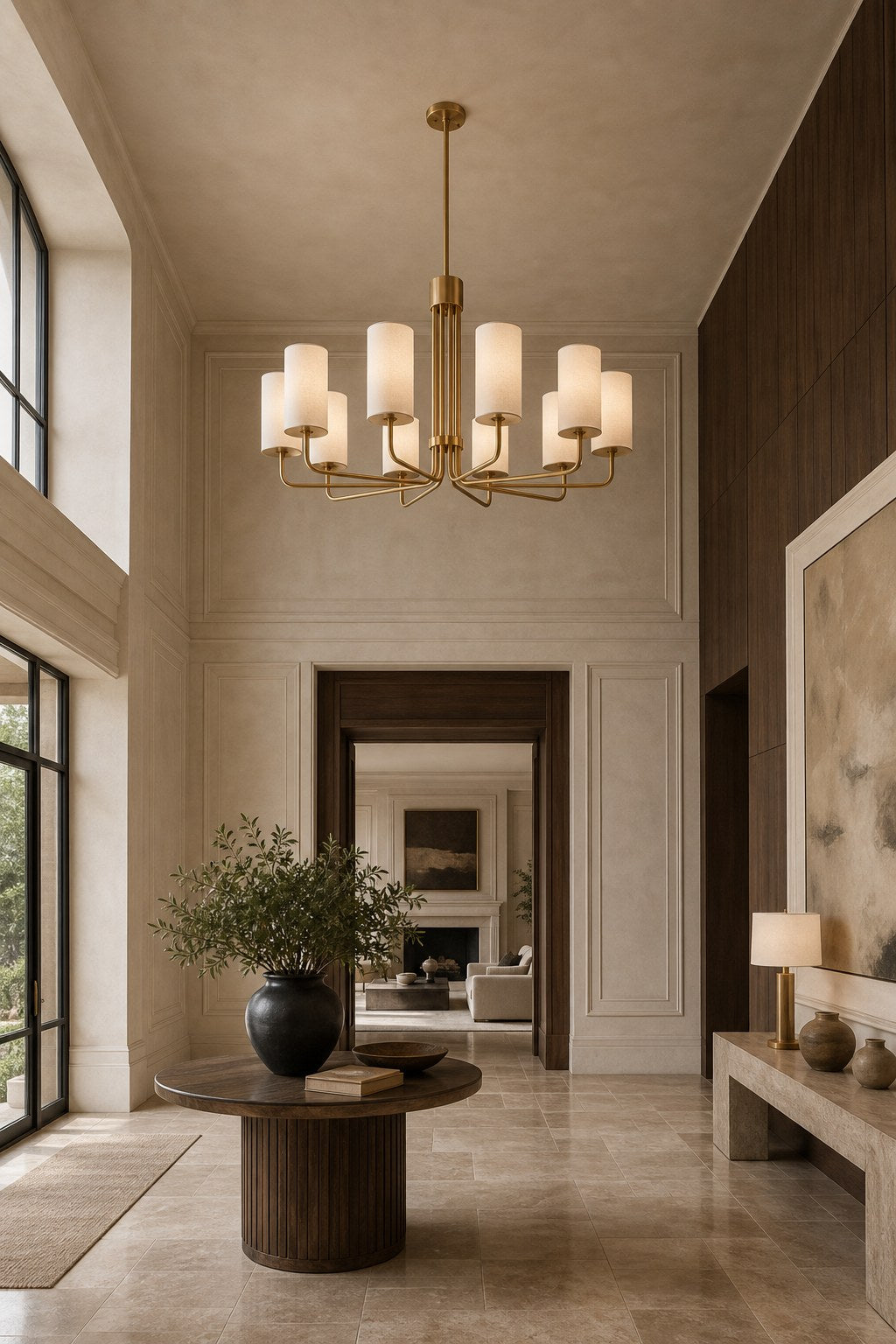 Solid Brass Tiered Chandelier installed in an entry or hallway, view 5