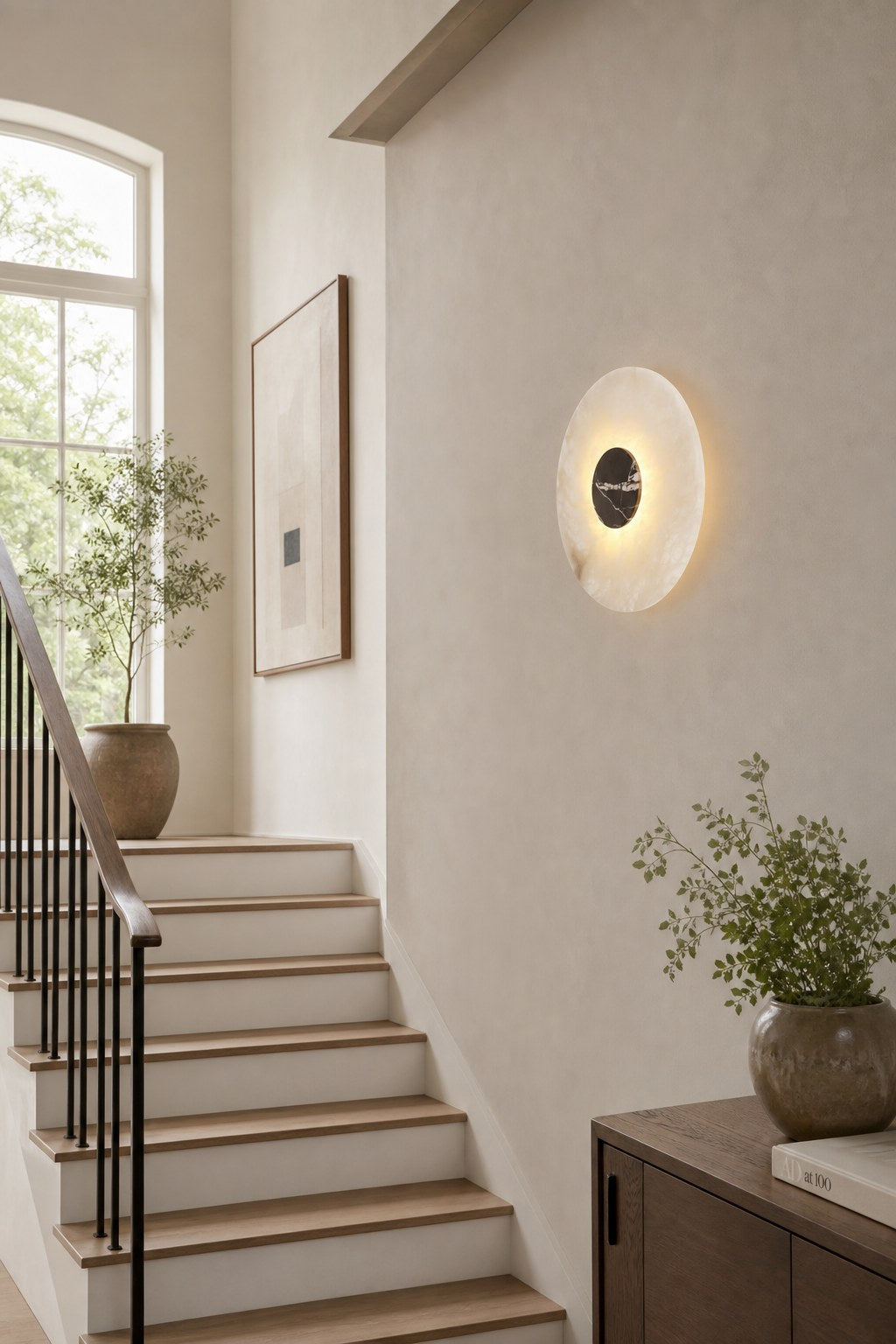 Spanish Alabaster and Marble Round Wall Sconce - 05 07-staircase-wall-wide-daylight