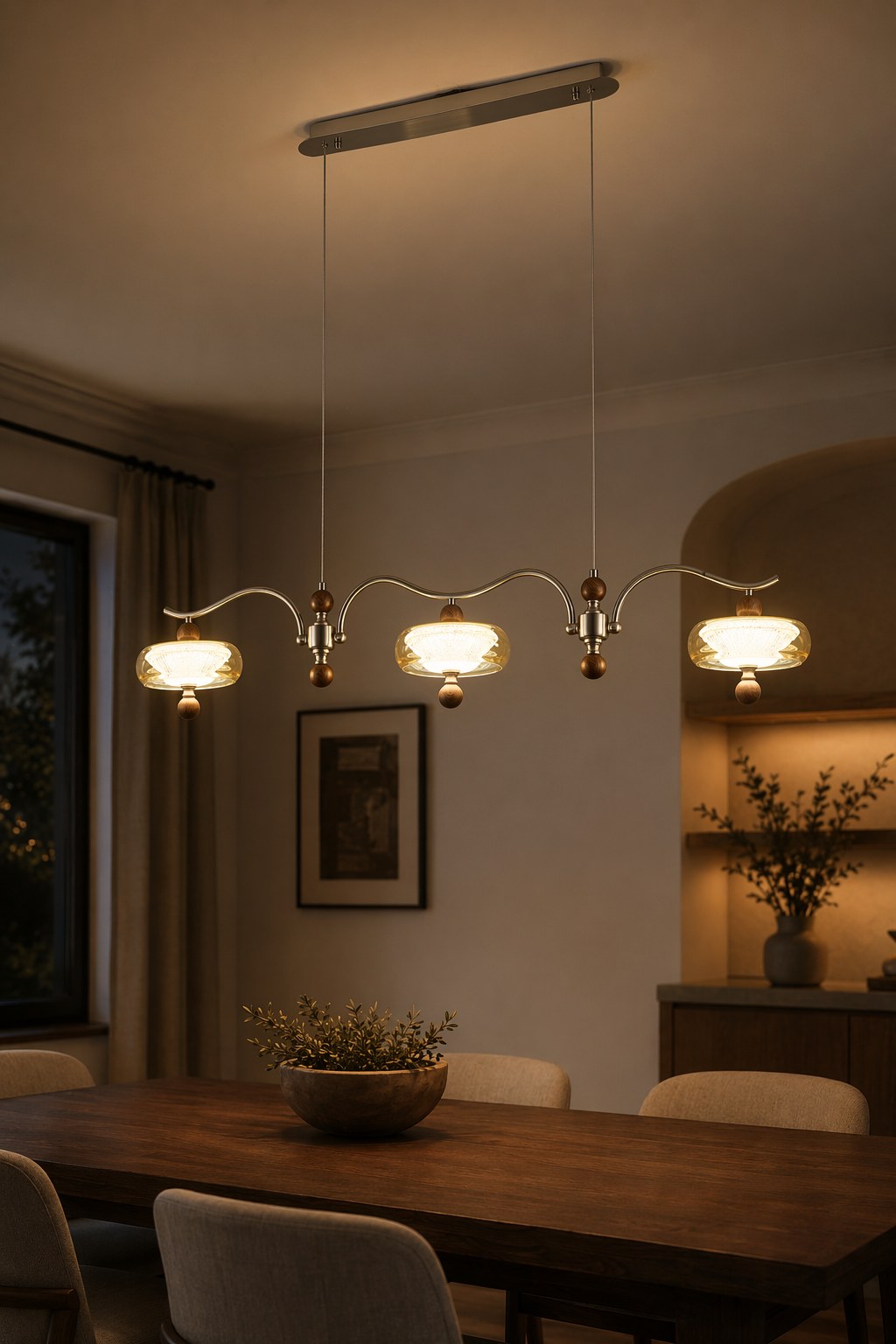 Sand Nickel Wood-Grain Glass Linear LED Chandelier - 05 10-night-mood