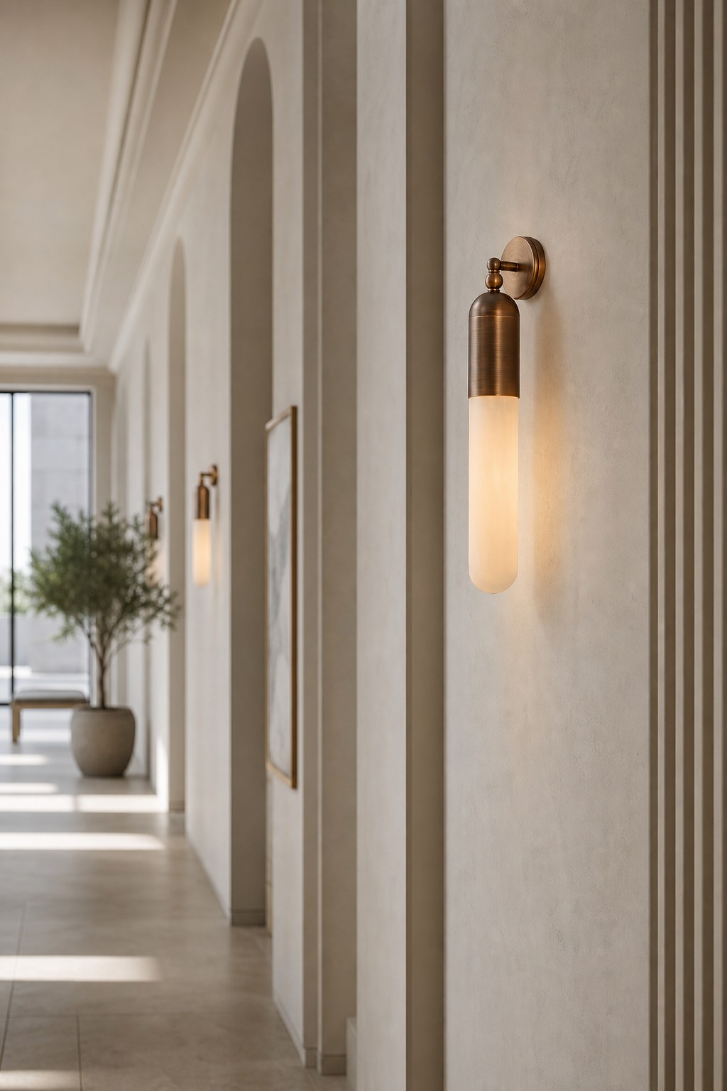 Snowflake Alabaster and Antique Copper Cylinder Wall Sconce - 05 08-hotel-corridor-wide-daylight