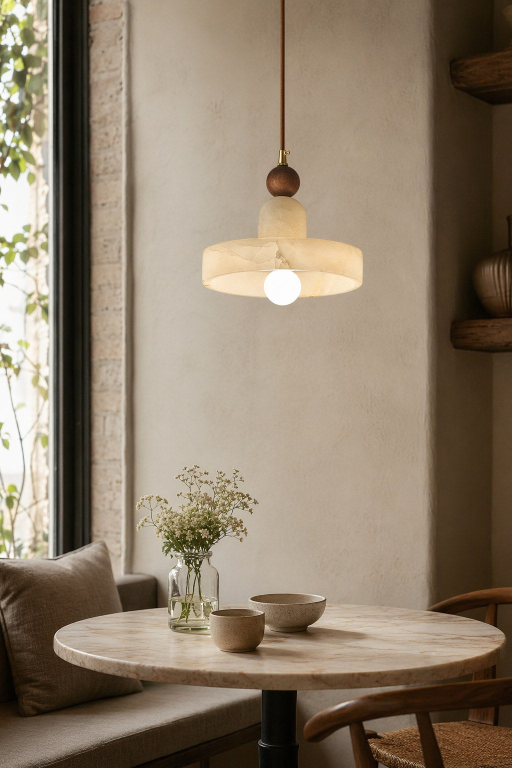 Spanish Marble and Walnut Disc Pendant Light - 05 07-cafe-style-dining-daylight