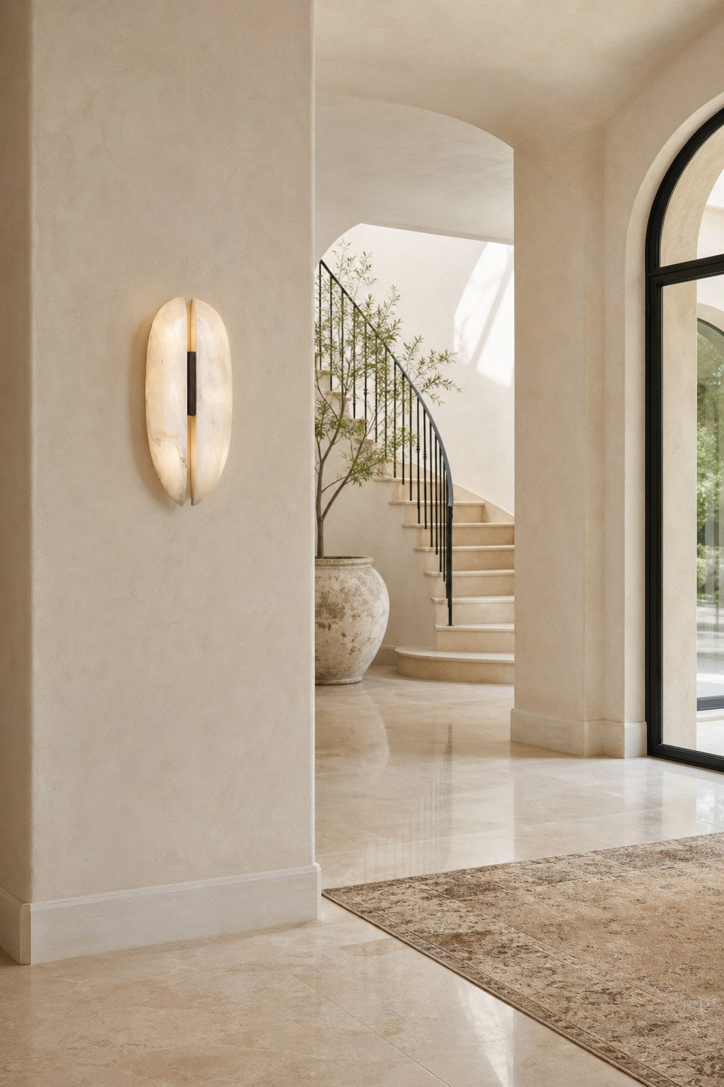 Spanish Snowflake Alabaster and Black Leather Wall Sconce - 05 05-foyer-wall-wide-daylight