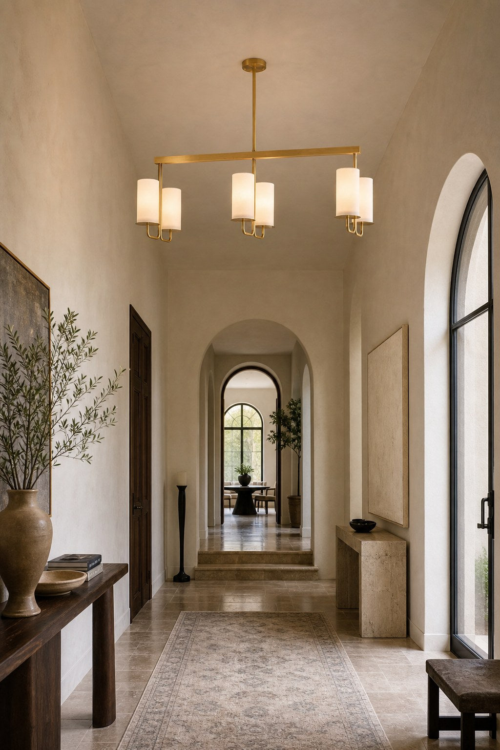 Solid Brass Six-Light Linear Chandelier installed in an entry or hallway, view 5