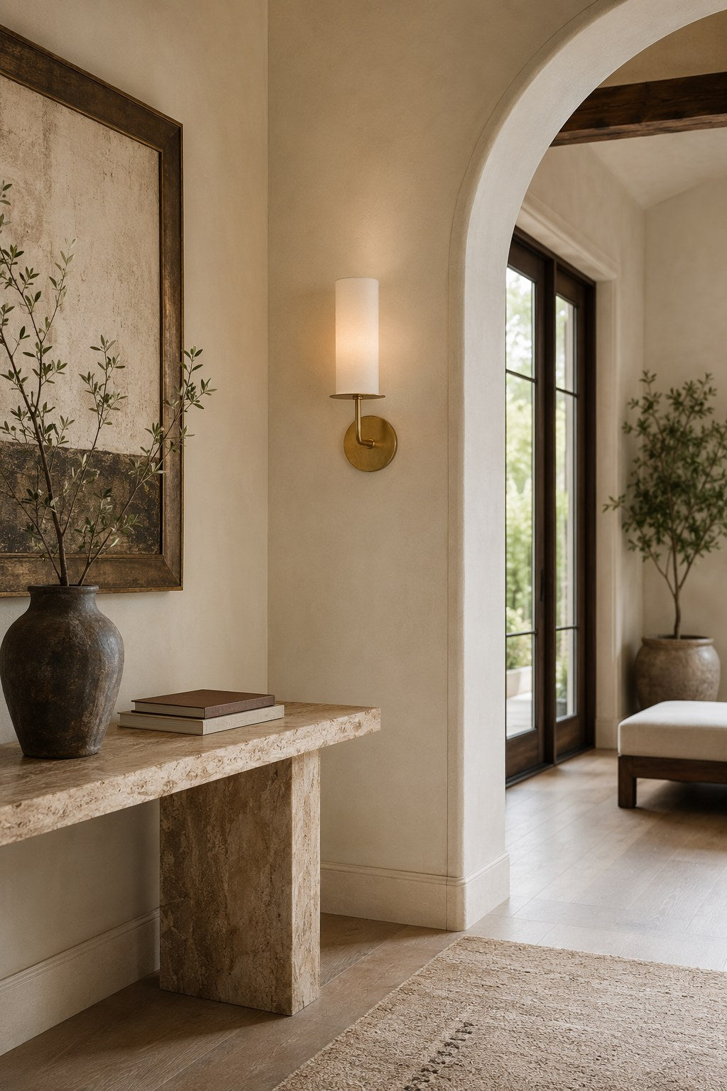 Solid Brass Fabric Shade Wall Sconce installed in an entry or hallway, view 5