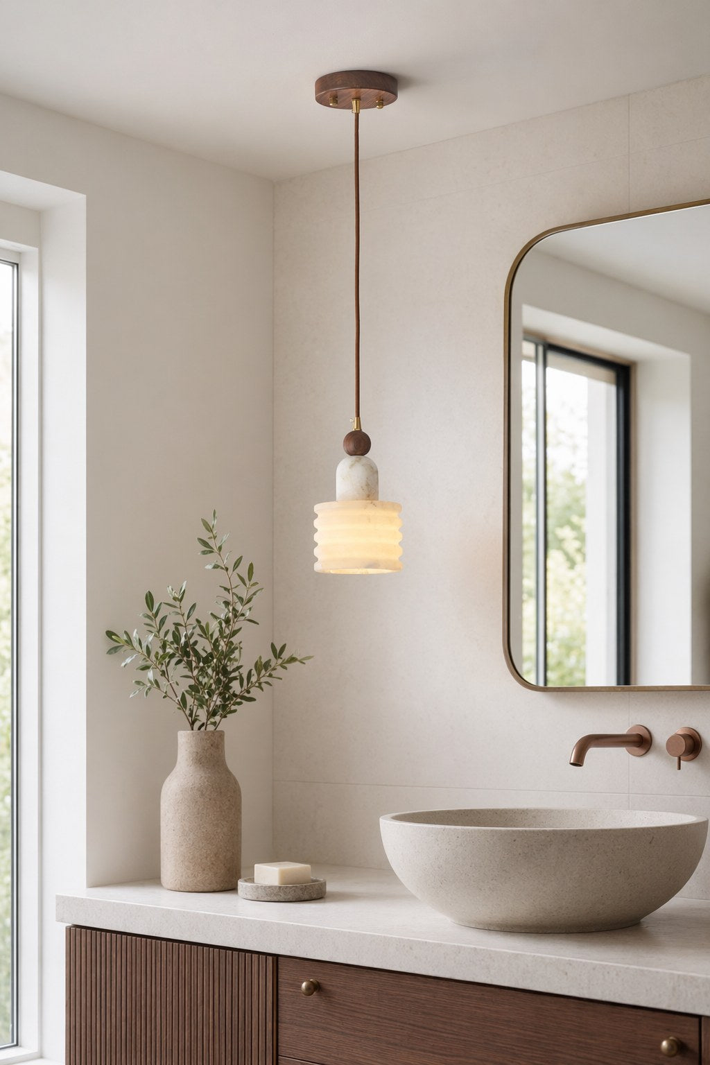 Spanish Marble and Walnut Single Pendant Light - 05 08-dry-vanity-daylight