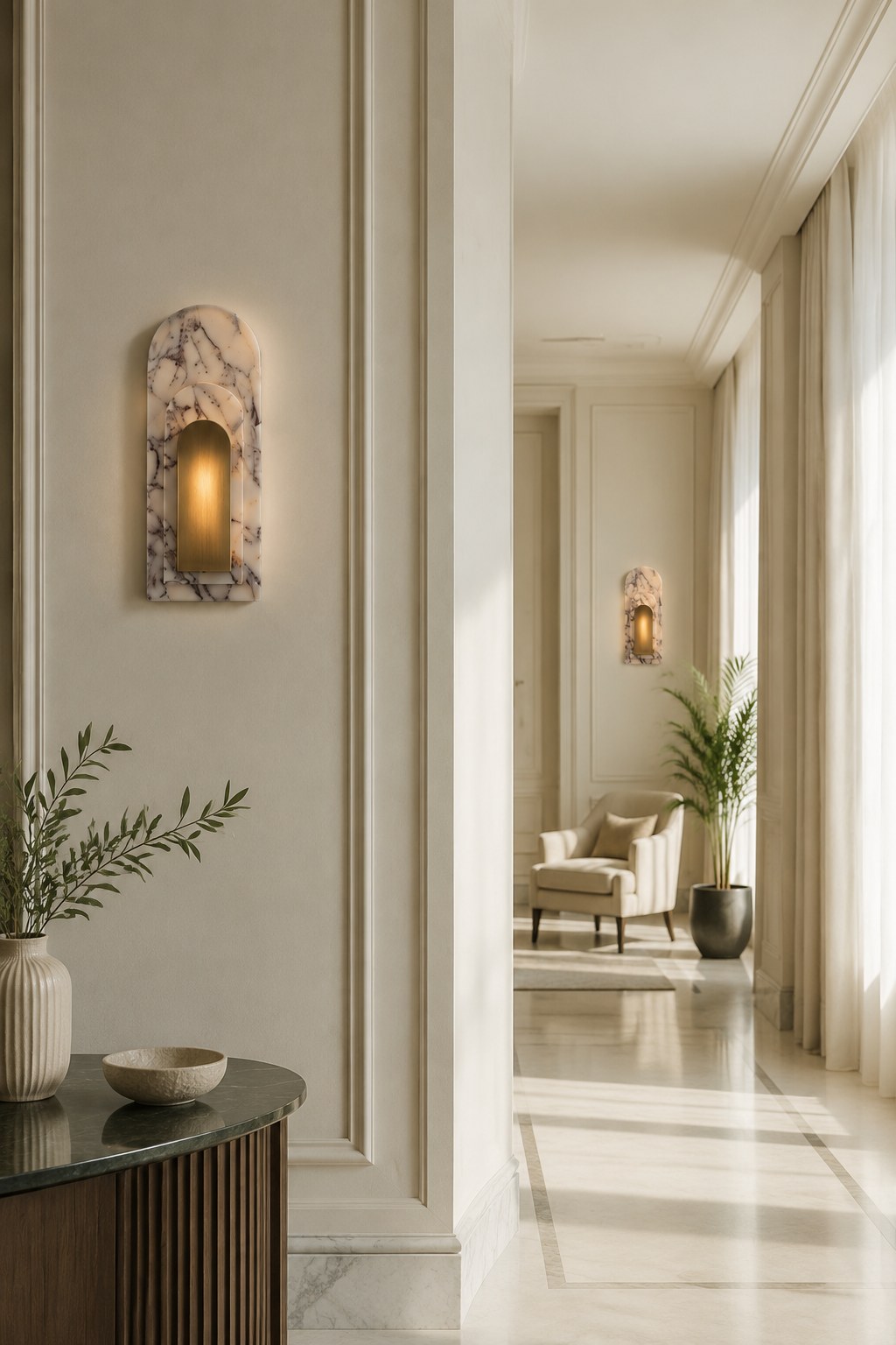 Bulgari Marble and Brushed Copper Arched Wall Sconce - 05 08-hotel-corridor-wide-daylight