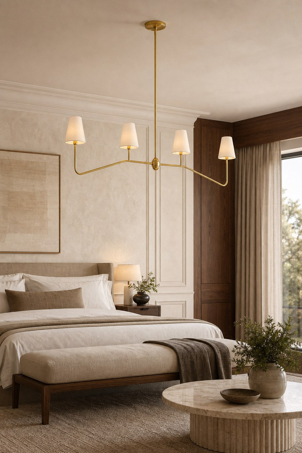 Four-Light Brass and Fabric Linear Chandelier installed in a bedroom, view 5