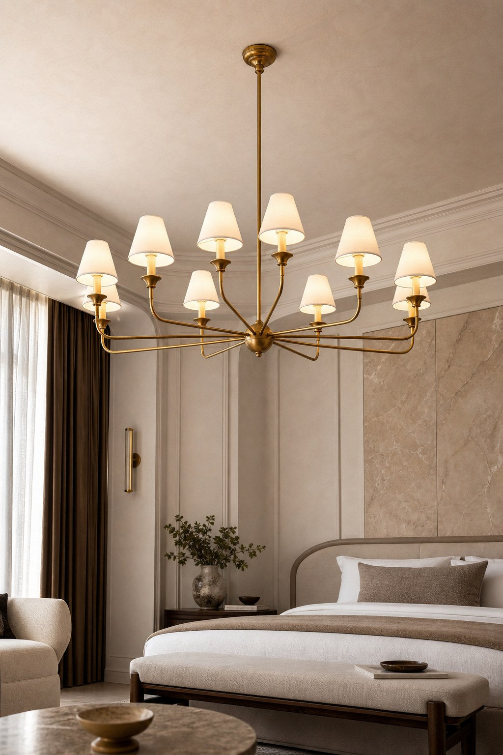 Tiered Brass and Fabric Linear Chandelier installed in a bedroom, view 5