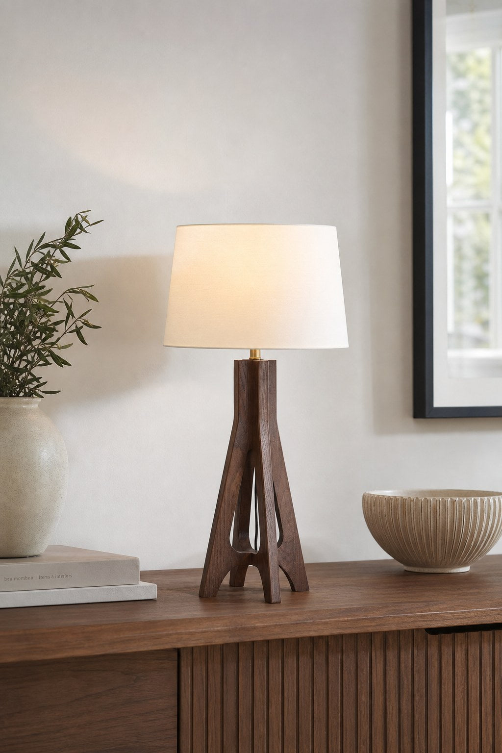 Black Walnut Ash Wood Table Lamp with Off-White Fabric Shade - 05 08-entry-console-shelf-daylight