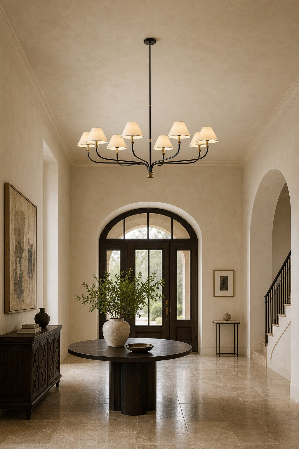 Brass and Black Linear Chandelier installed in an entry or hallway, view 6