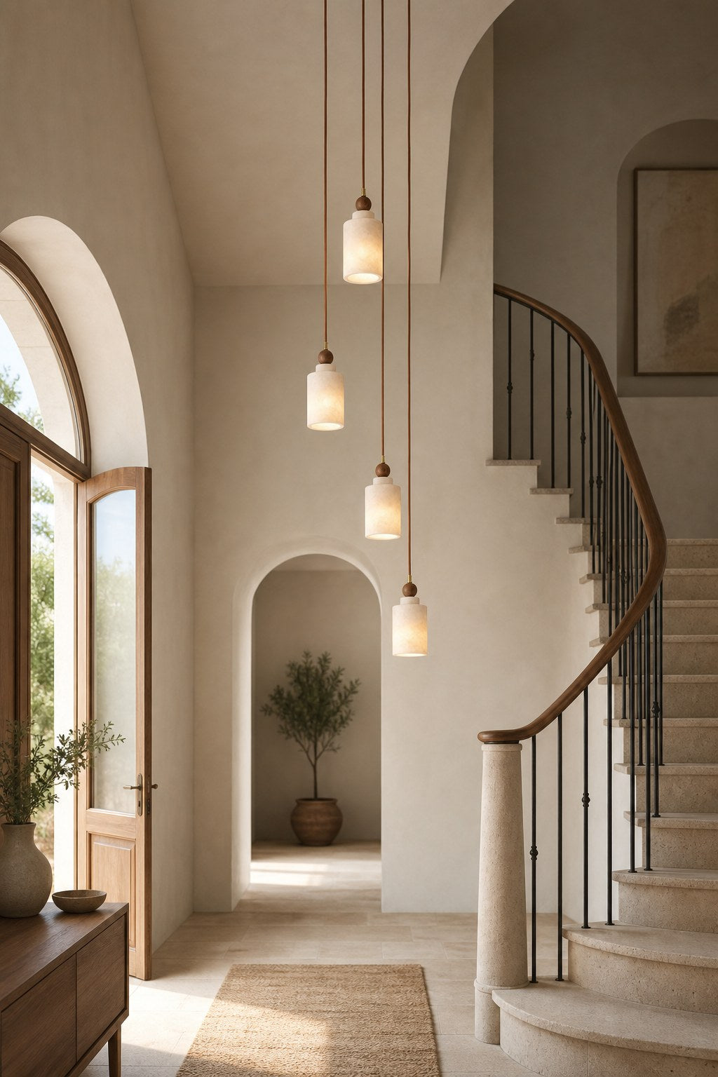 Spanish Marble and Walnut Cylinder Pendant Light - 06 09-cluster-installation-wide-daylight