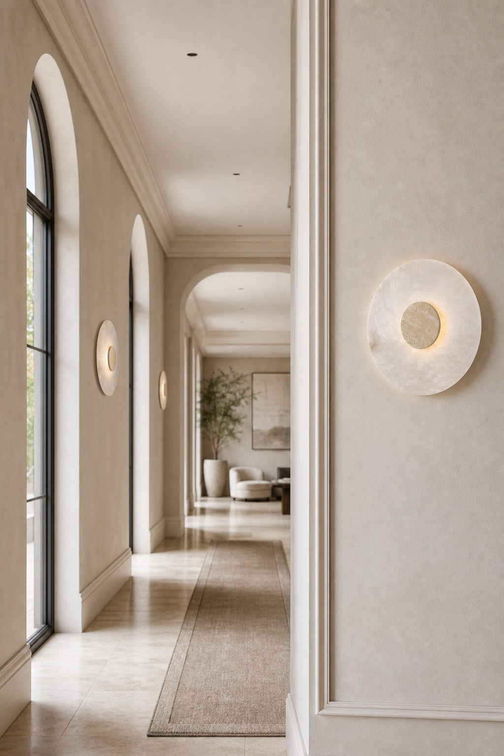 Spanish Alabaster and Marble Round Wall Sconce - 06 08-hotel-corridor-wide-daylight