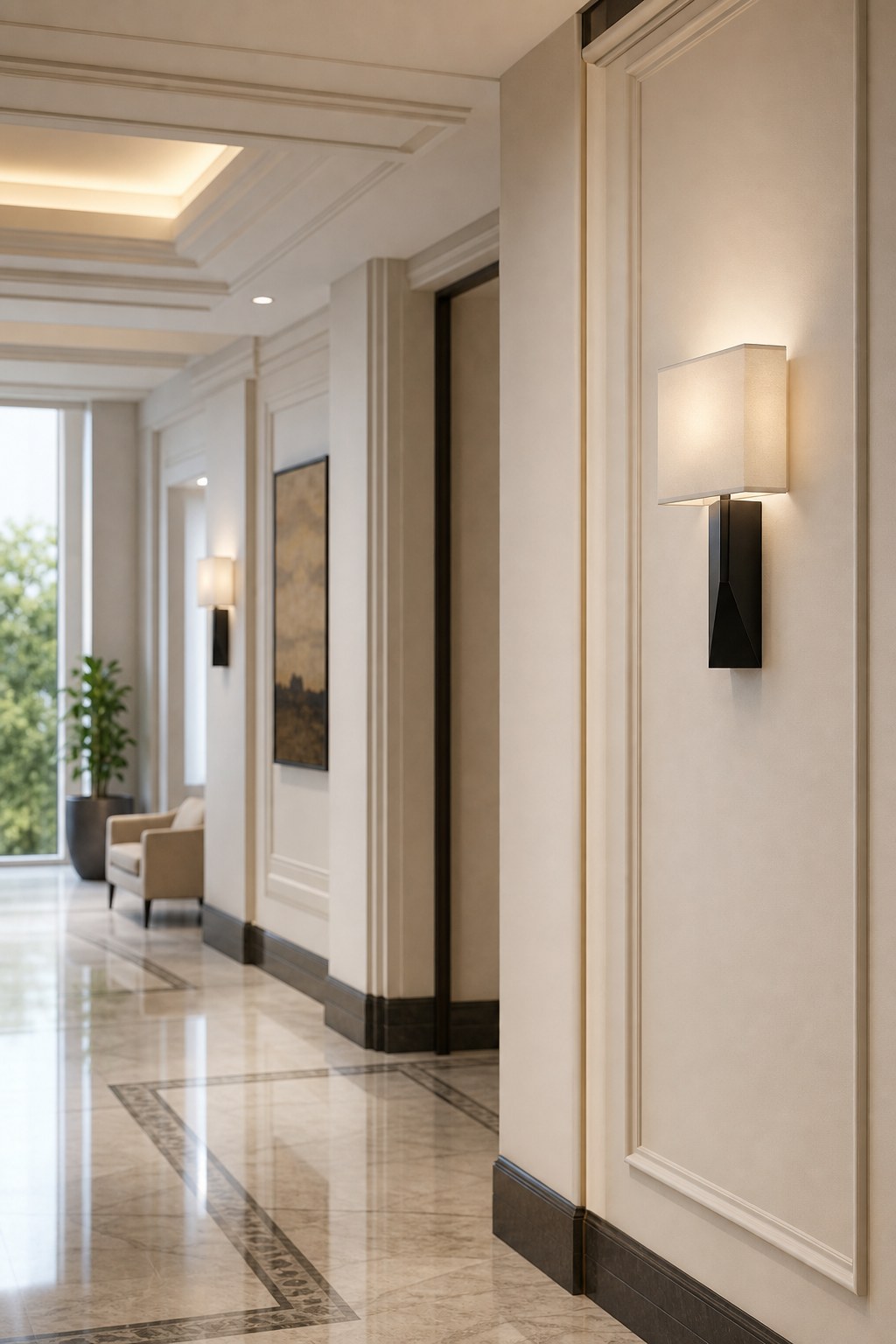 Geometric Brass Fabric Shade Wall Sconce - 06 08-hotel-corridor-wide-daylight