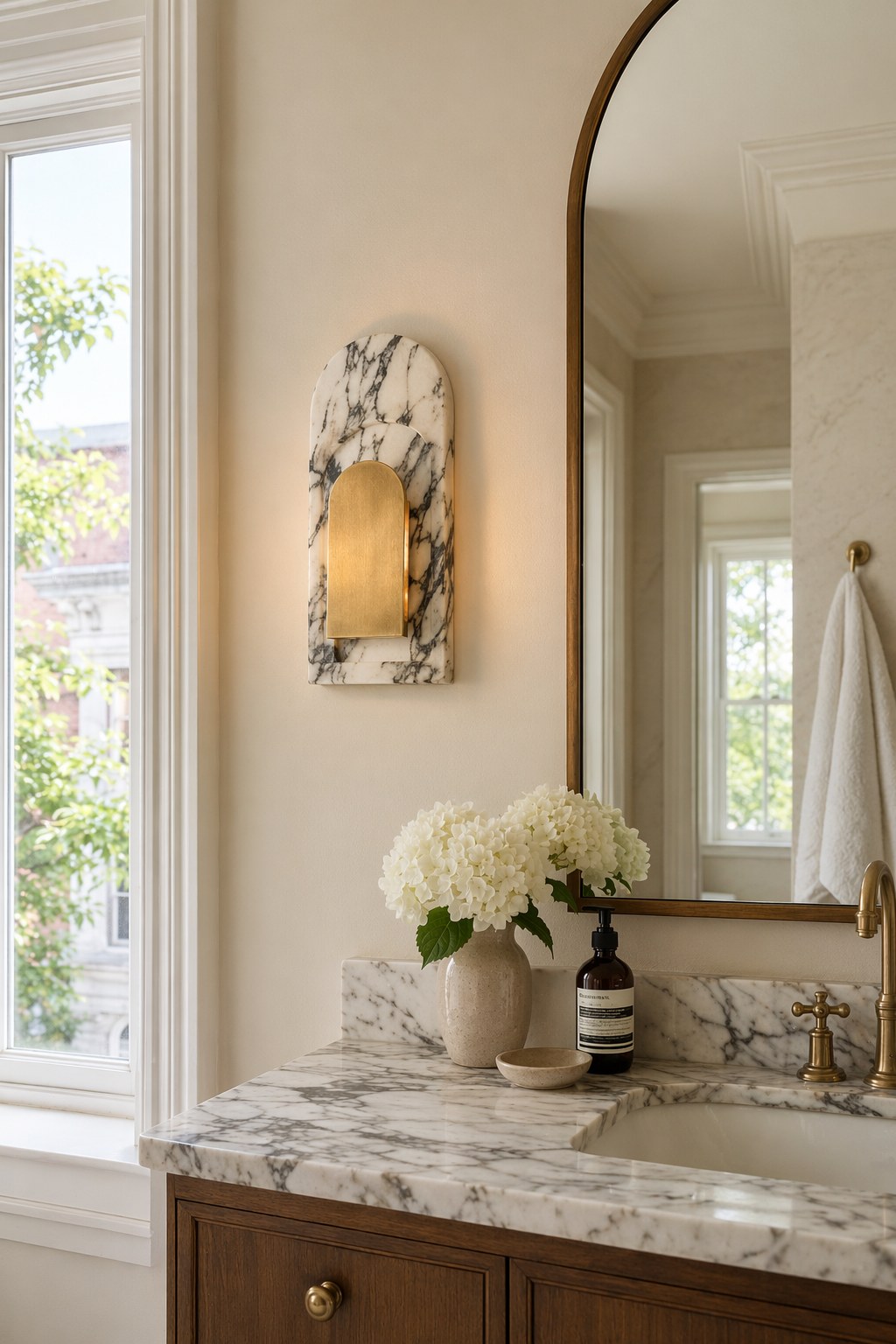 Bulgari Marble and Brushed Copper Arched Wall Sconce - 06 09-dry-spa-vanity-wall-daylight