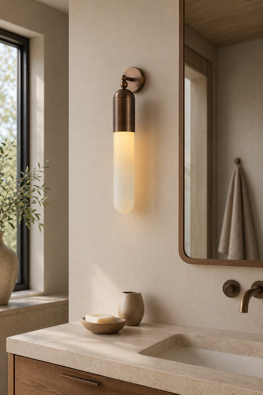 Snowflake Alabaster and Antique Copper Cylinder Wall Sconce - 06 09-dry-spa-vanity-wall-daylight