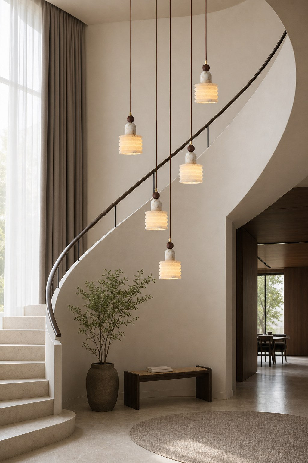 Spanish Marble and Walnut Single Pendant Light - 06 09-cluster-installation-wide-daylight