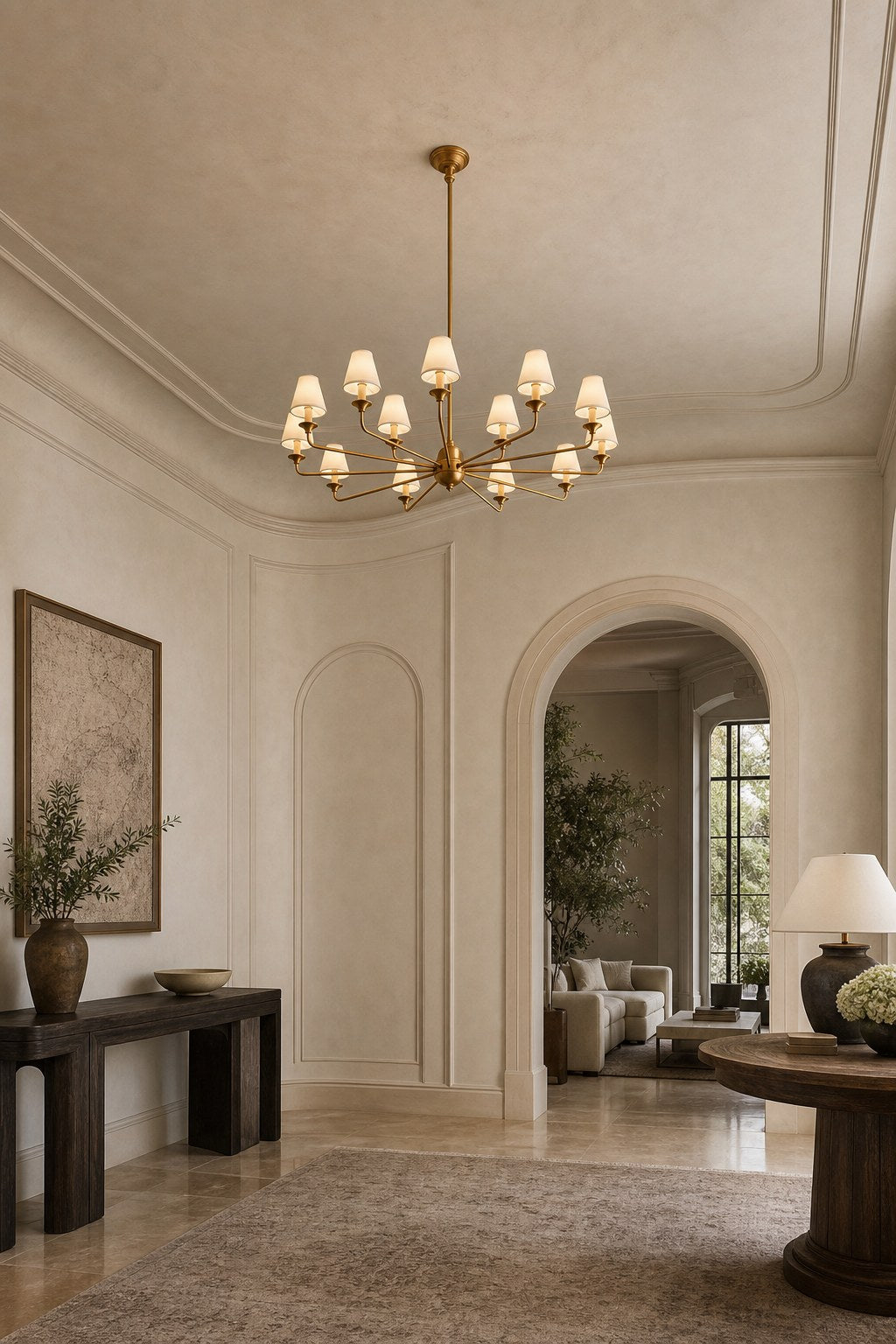 Tiered Brass and Fabric Linear Chandelier installed in an entry or hallway, view 6