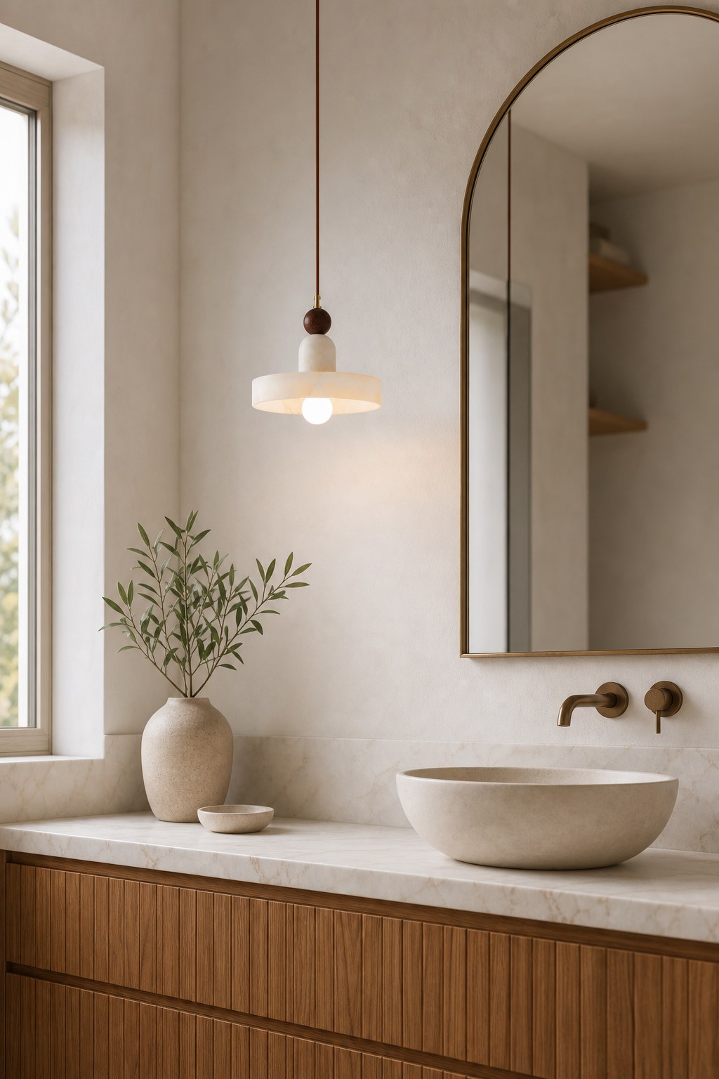 Spanish Marble and Walnut Disc Pendant Light - 06 08-dry-vanity-daylight