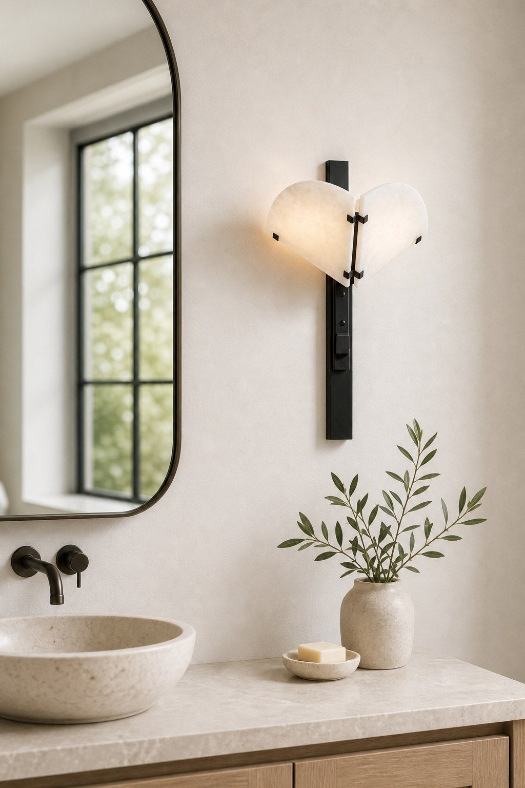 Spanish Snowflake Alabaster and Black Metal Wall Sconce - 06 09-dry-spa-vanity-wall-daylight