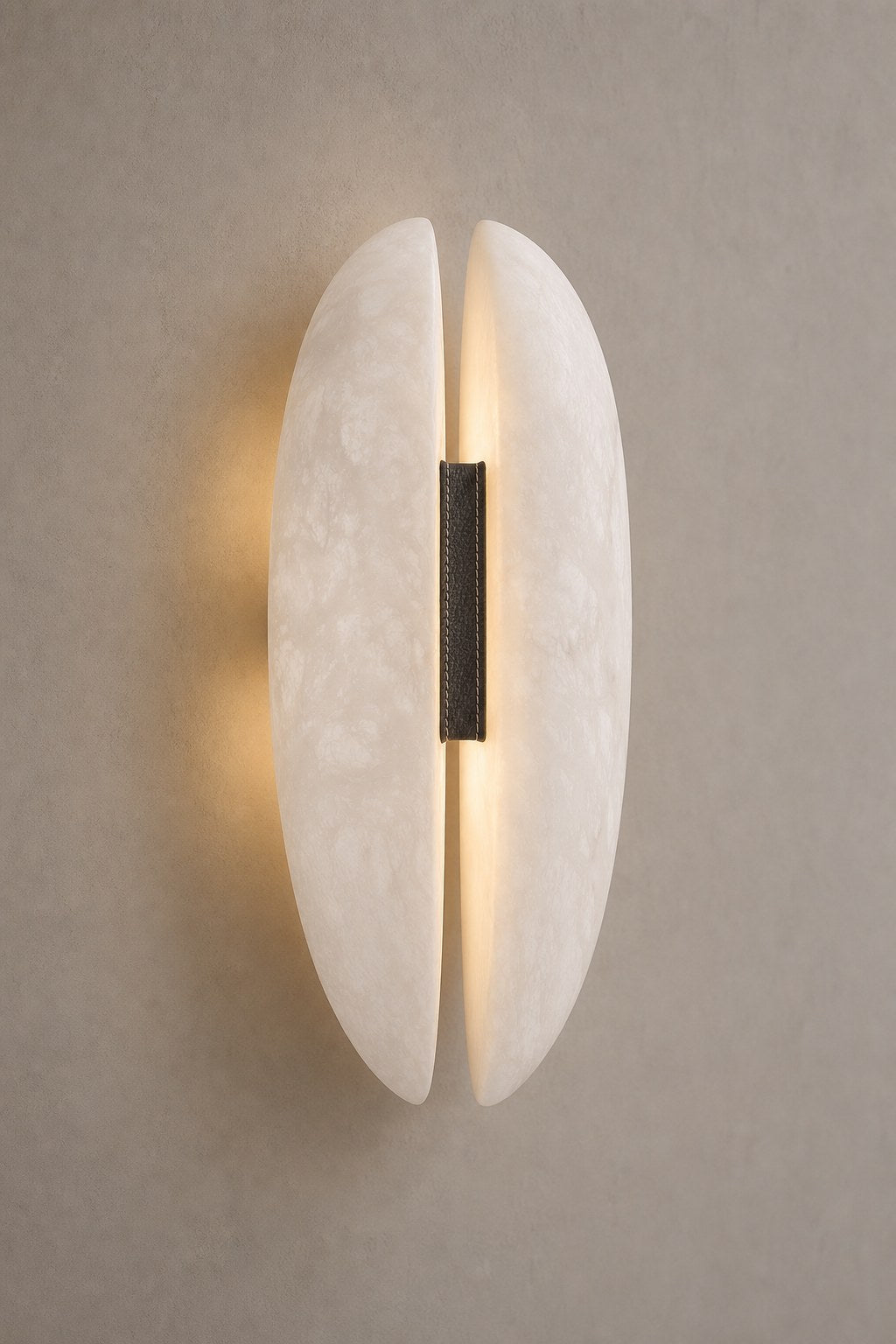 Spanish Snowflake Alabaster and Black Leather Wall Sconce - 06 06-product-front-warm-wall