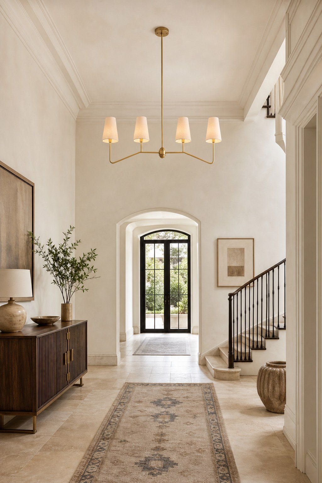 Four-Light Brass and Fabric Linear Chandelier installed in an entry or hallway, view 6
