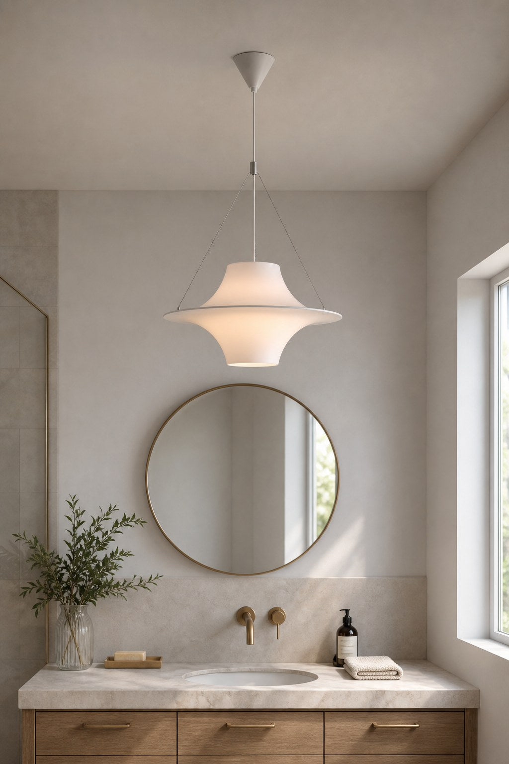 White Acrylic Saucer Pendant Light - 06 08-dry-vanity-daylight