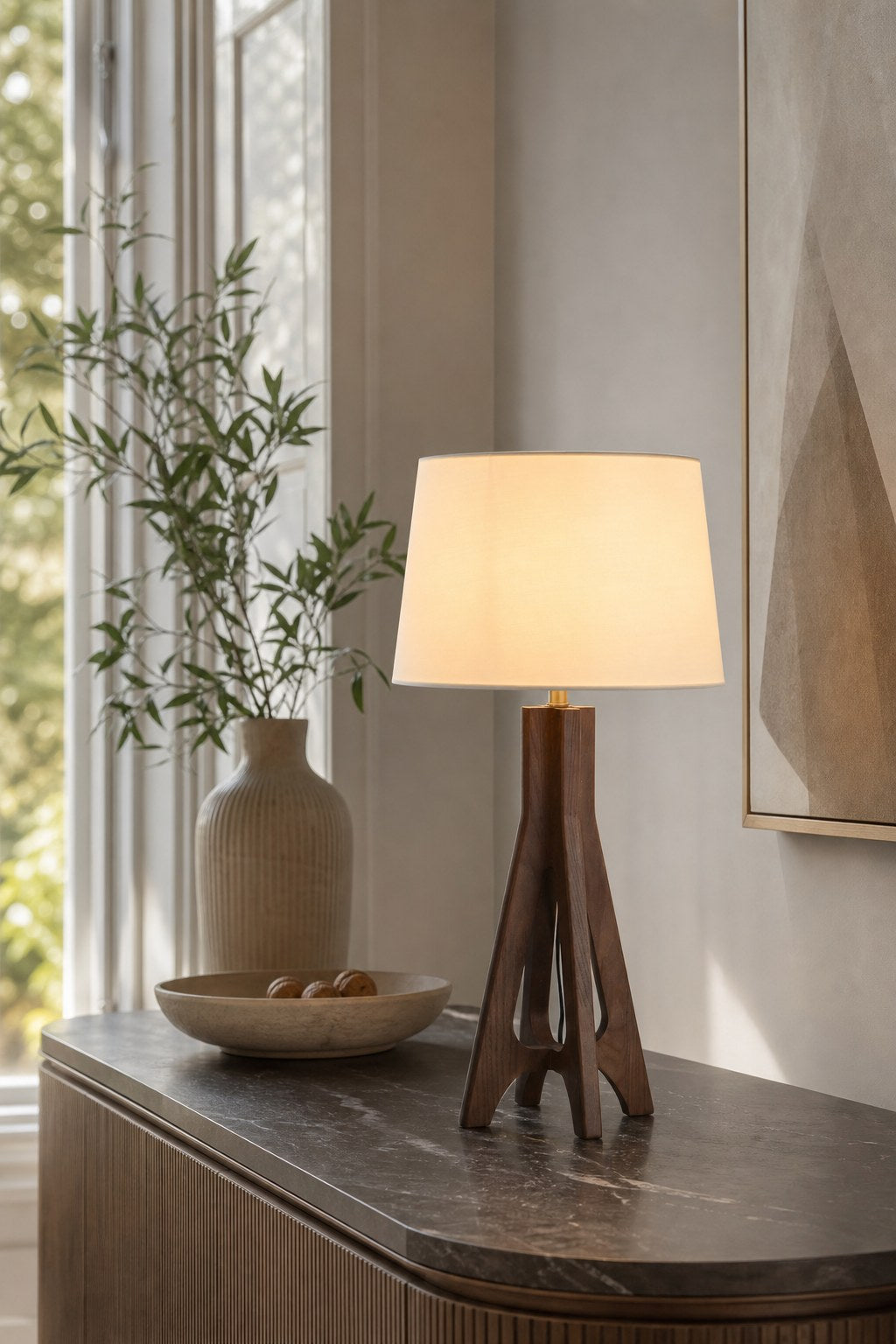 Black Walnut Ash Wood Table Lamp with Off-White Fabric Shade - 06 09-lifestyle-detail-daylight