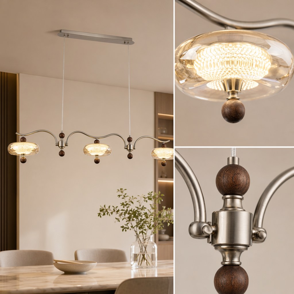 Sand Nickel Wood-Grain Glass Linear LED Chandelier - 06 11-material-close-up
