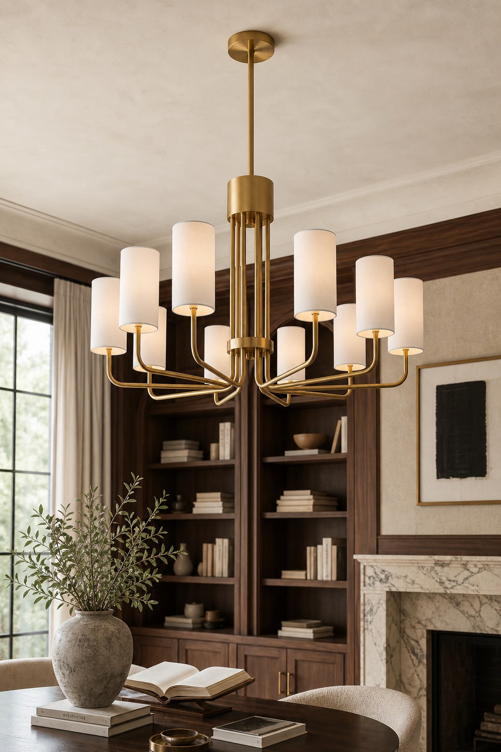 Solid Brass Tiered Chandelier installed in a living room, view 6
