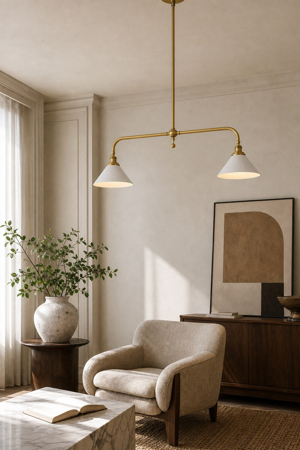 Brass and Ceramic Linear Chandelier product view, view 6