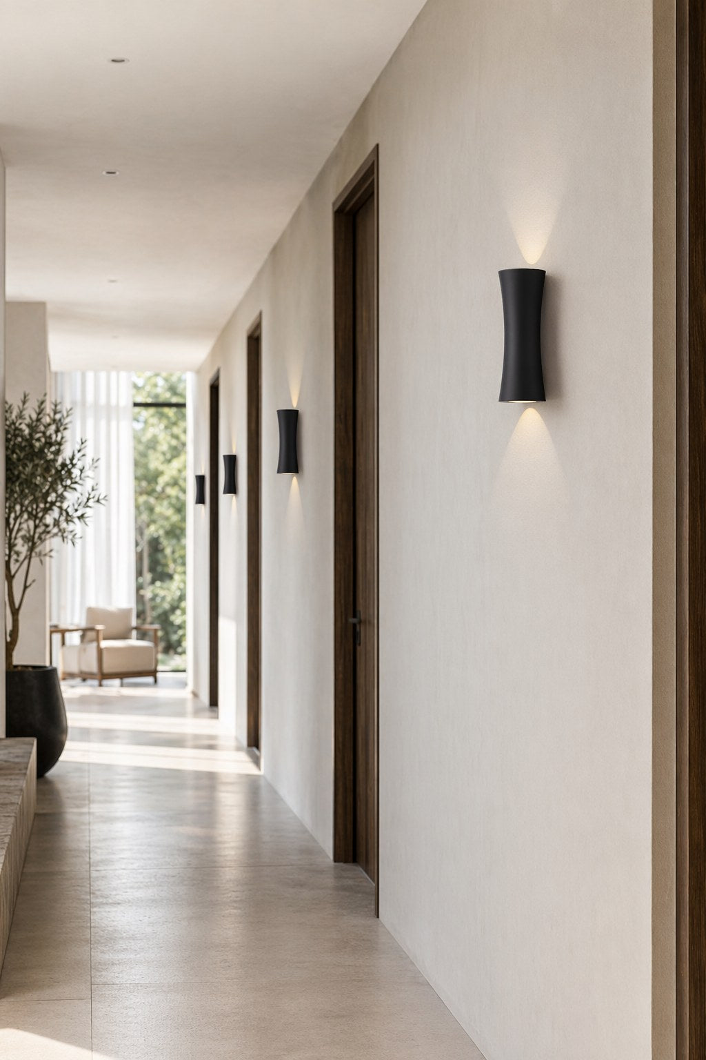 Black Hourglass Up Down LED Wall Sconce - 07 08-hotel-corridor-wide-daylight
