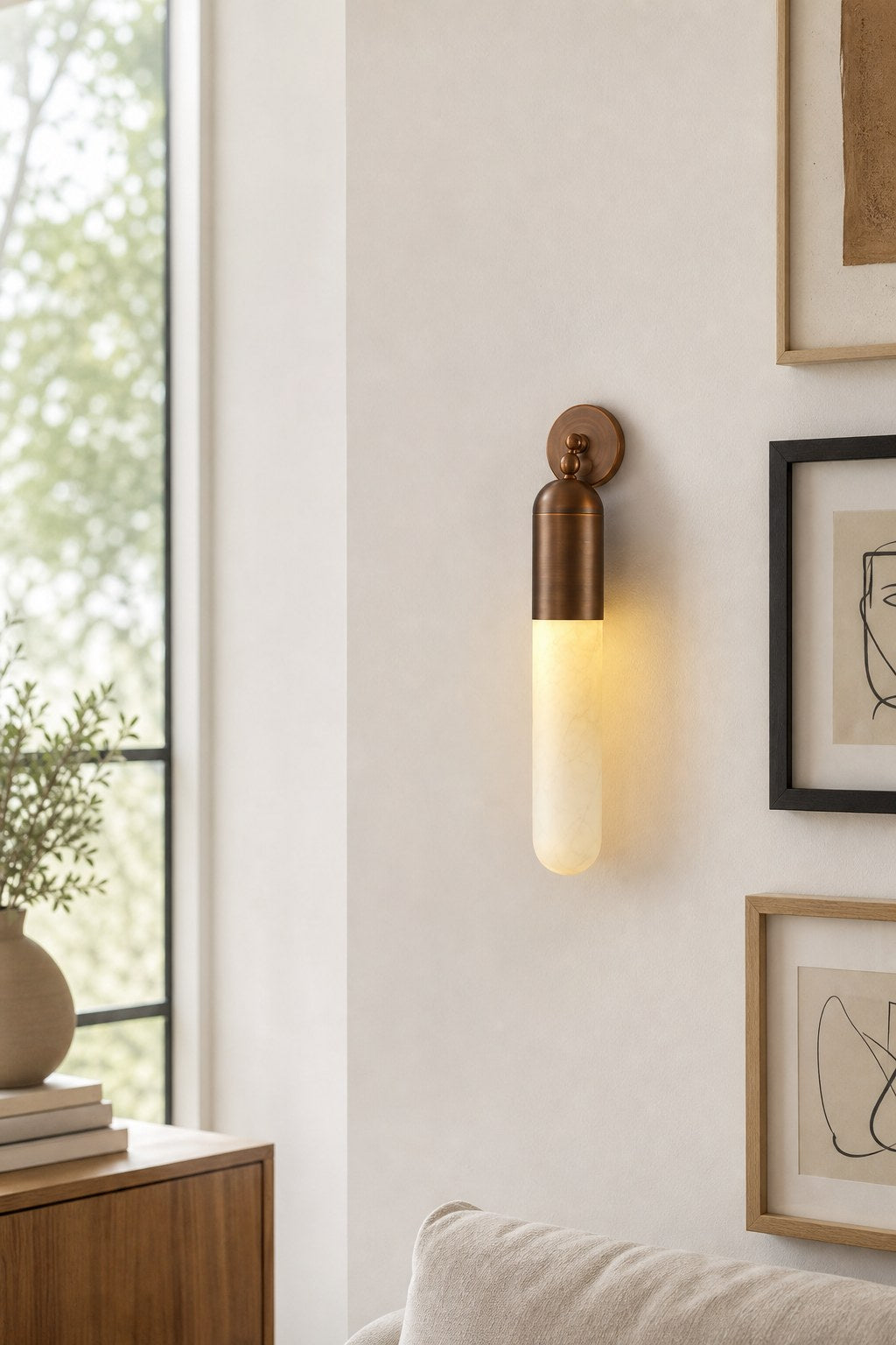 Snowflake Alabaster and Antique Copper Cylinder Wall Sconce - 07 10-gallery-wall-daylight
