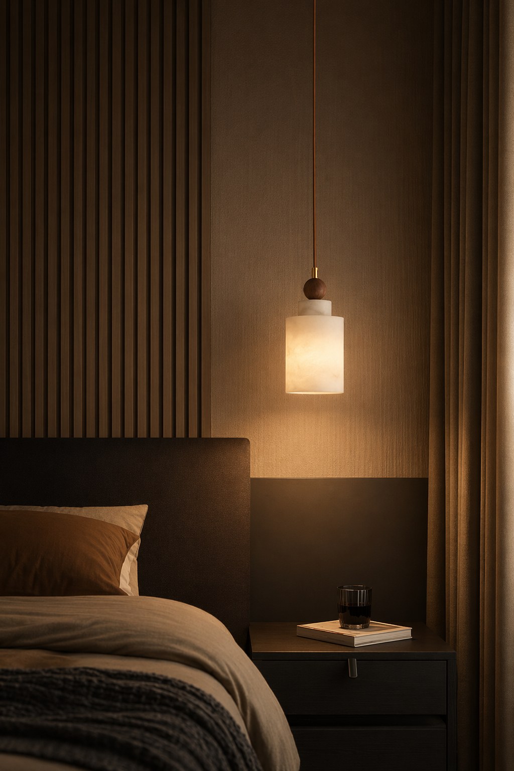 Spanish Marble and Walnut Cylinder Pendant Light - 07 10-night-mood