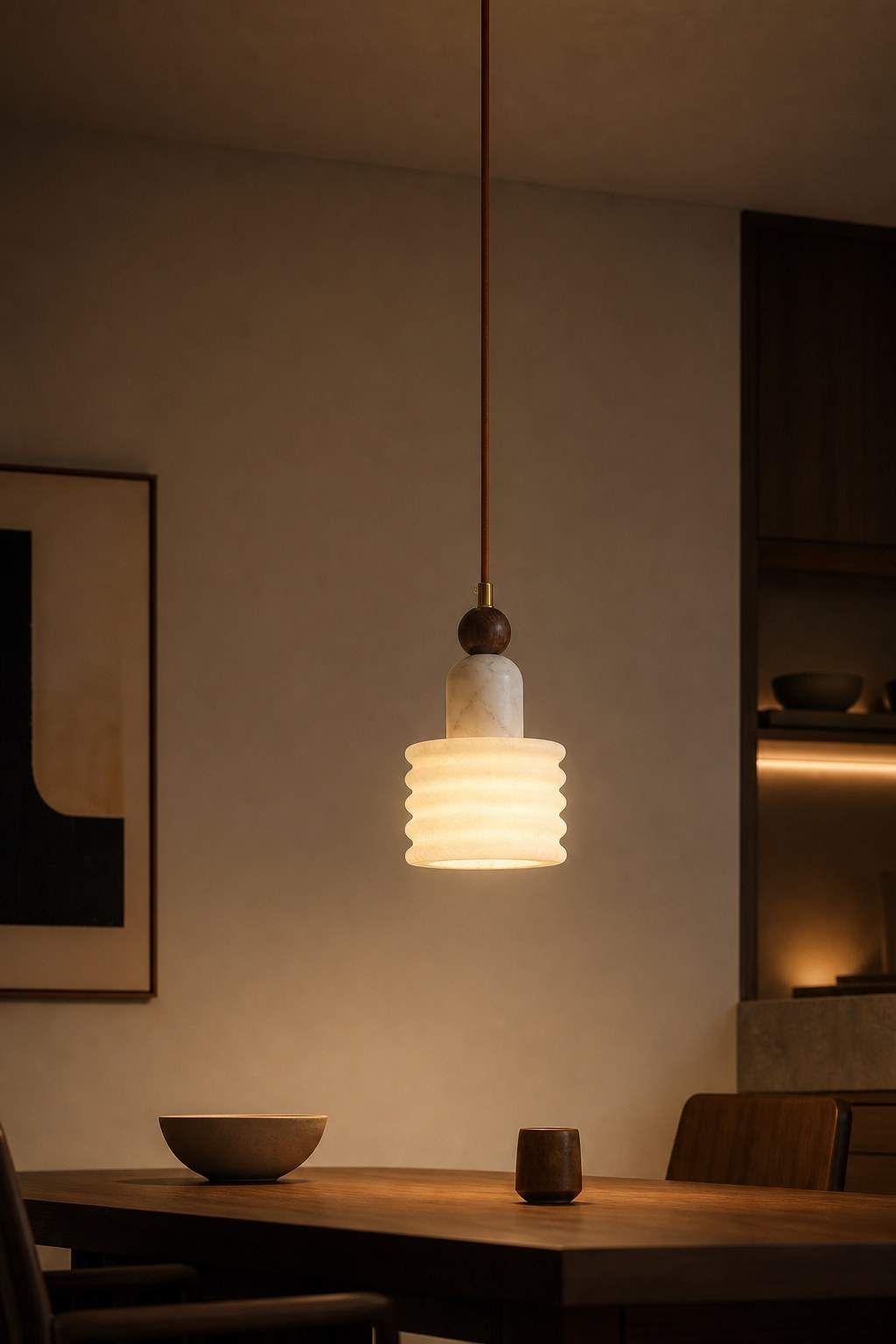 Spanish Marble and Walnut Single Pendant Light - 07 10-night-mood