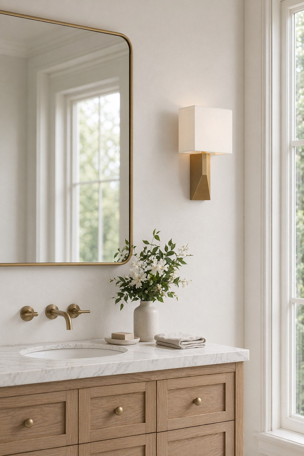 Geometric Brass Fabric Shade Wall Sconce - 07 09-dry-spa-vanity-wall-daylight