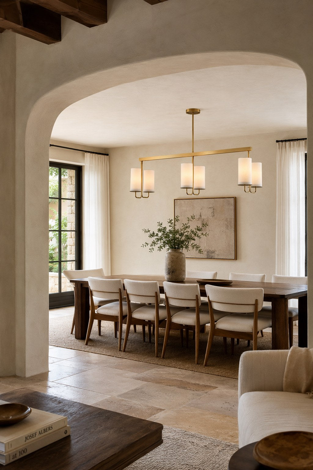Solid Brass Six-Light Linear Chandelier installed over a dining area, view 7