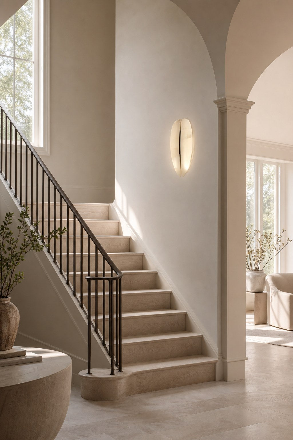 Spanish Snowflake Alabaster and Black Leather Wall Sconce - 07 07-staircase-wall-wide-daylight