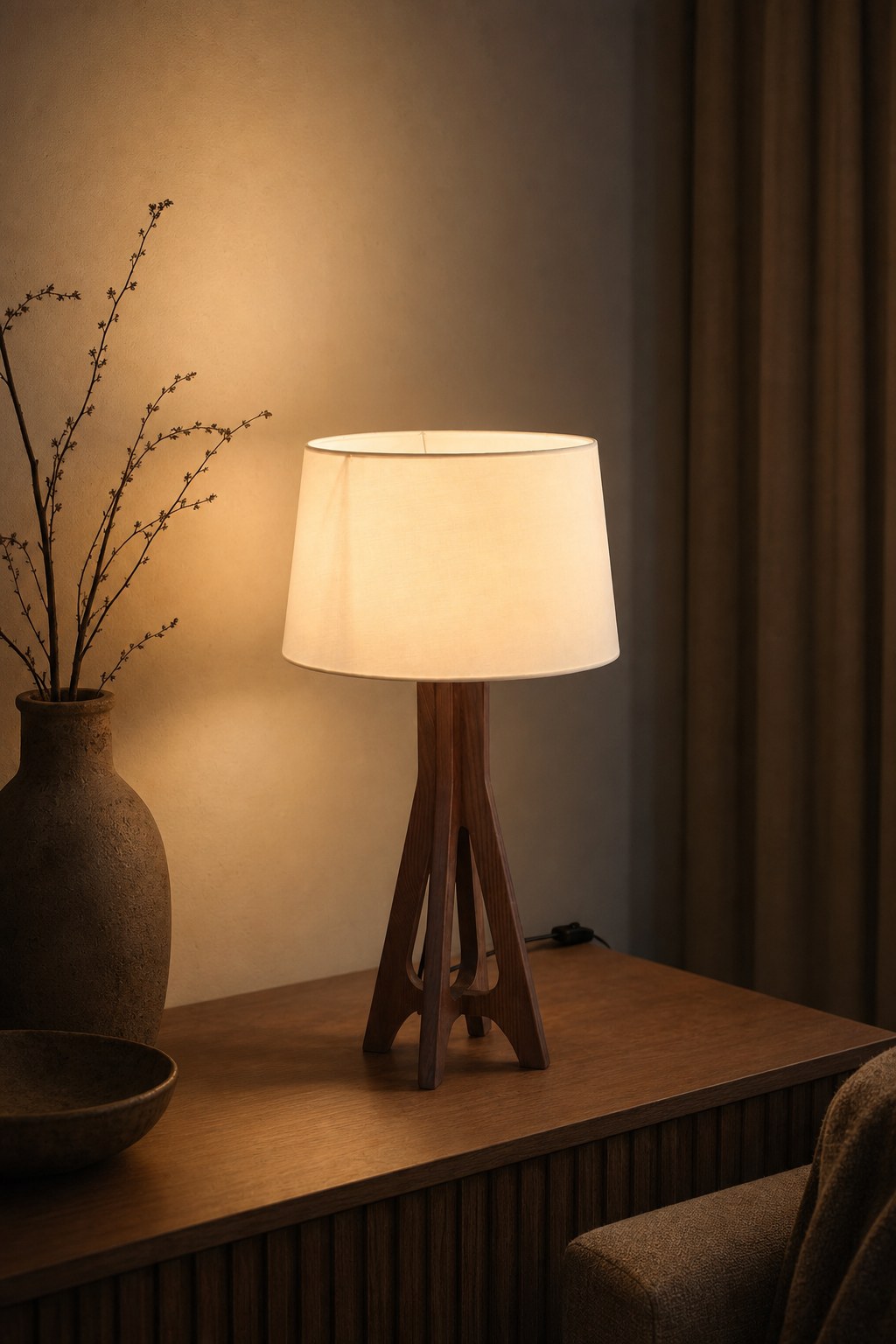 Black Walnut Ash Wood Table Lamp with Off-White Fabric Shade - 07 10-night-mood