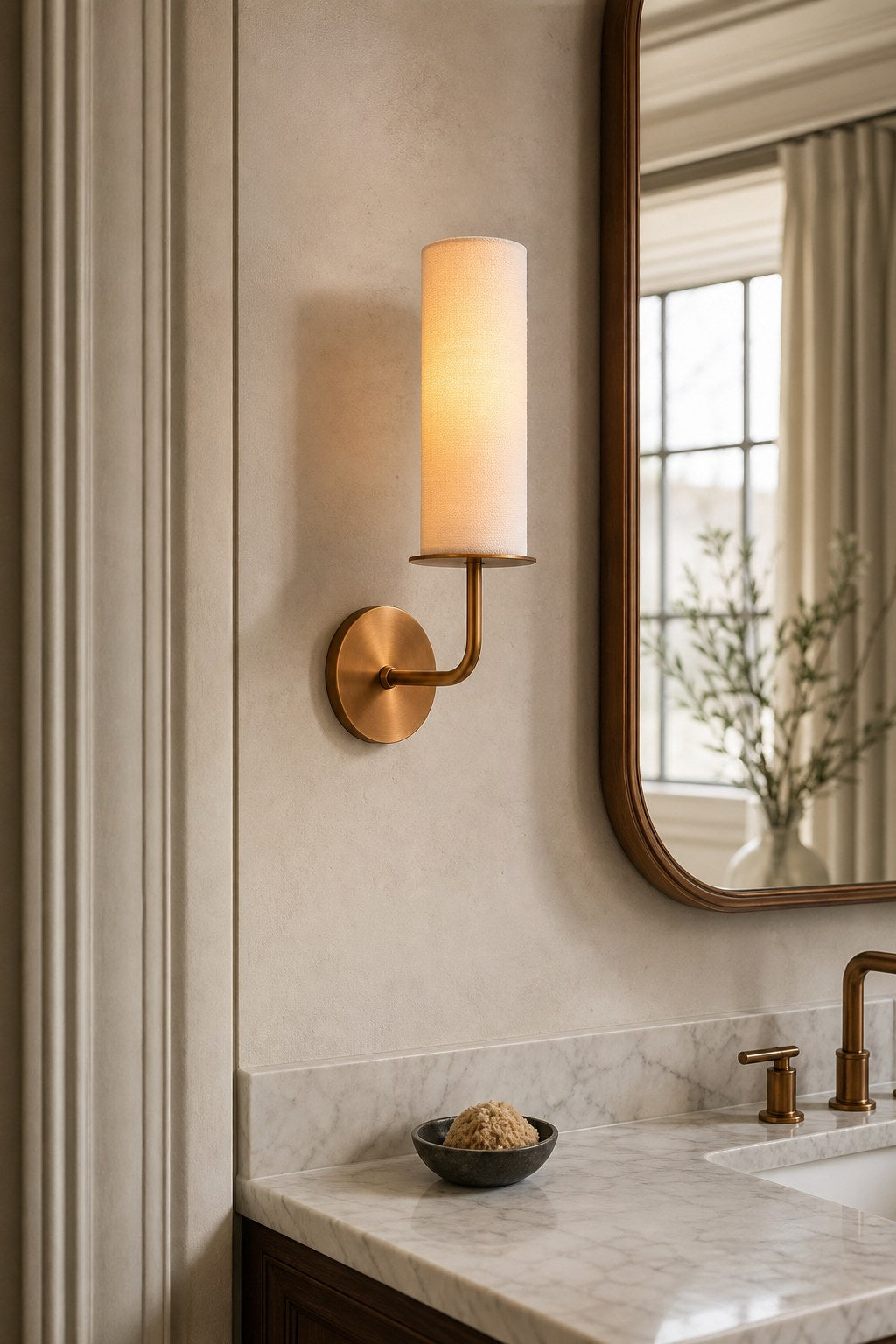 Solid Brass Fabric Shade Wall Sconce installed at a dry vanity, view 7
